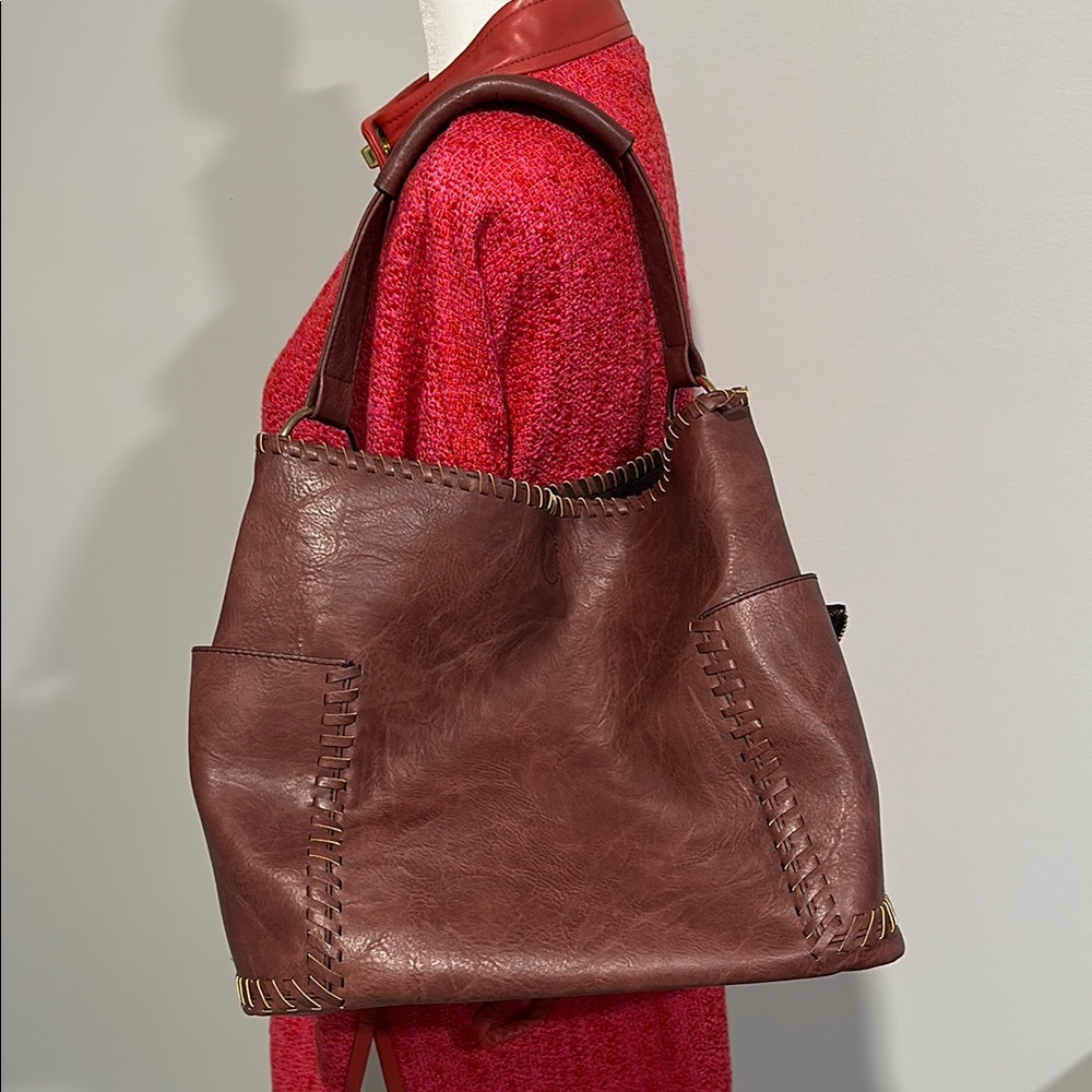 Dark Rose Brown Whip Stitch Multi Tote Crossbody
